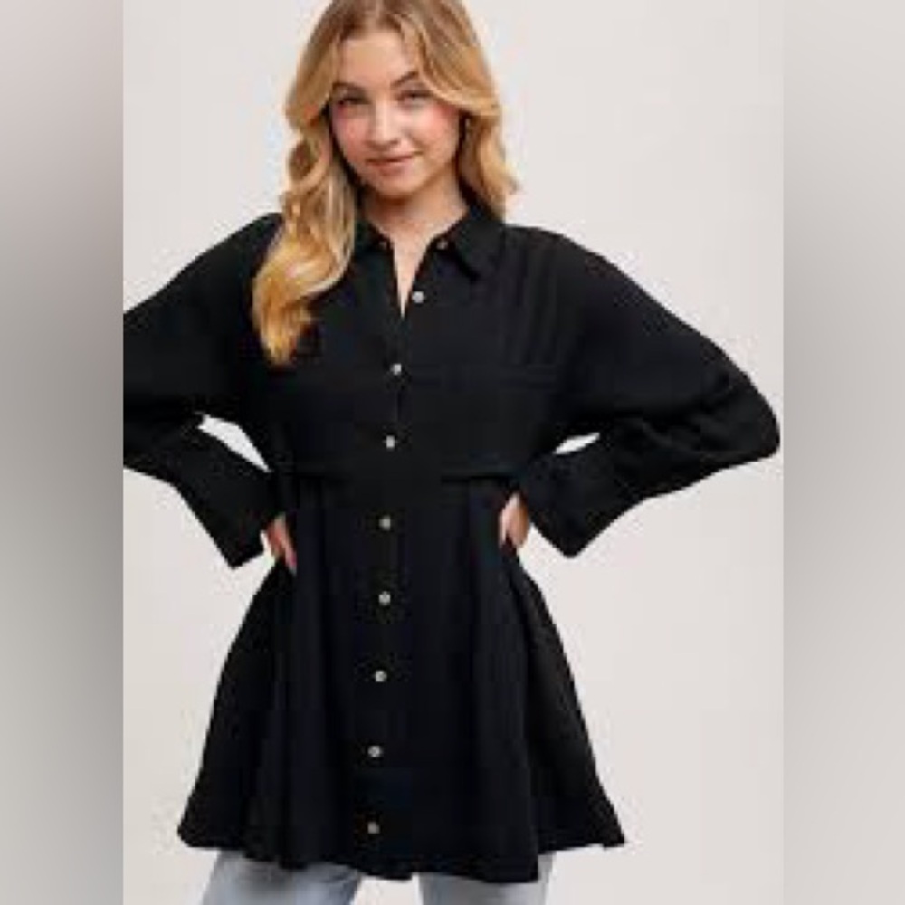 FREE PEOPLE The Voyager Shirtdress | Black | Button Front Pleated Tunic | Medium